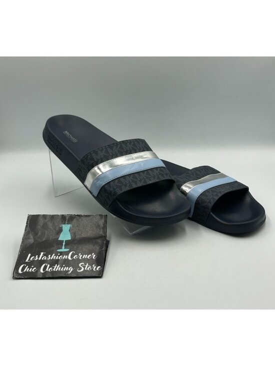 Michael Kors Men\'s Navy Silver EVA Brandy Metallic Striped Slides Size 11 3500 main image 14